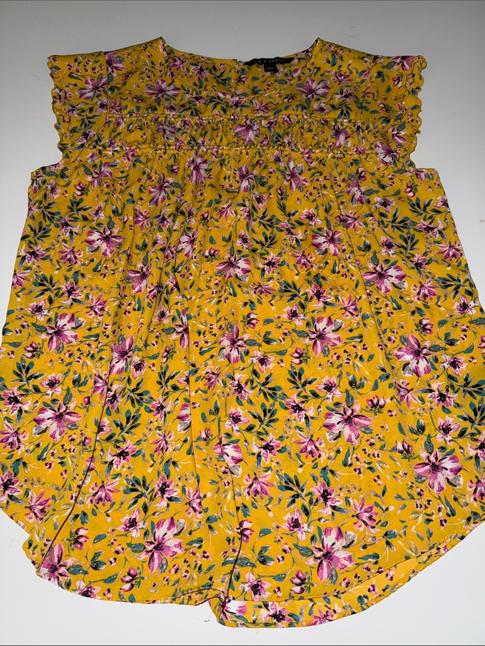 Zac & Rachel Mustard Yellow Floral Smocked Cap-Sleeve Blouse